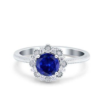 Halo Floral Style Art Deco Round Wedding Engagement Ring Simulated Blue Sapphire CZ 925 Sterling Silver